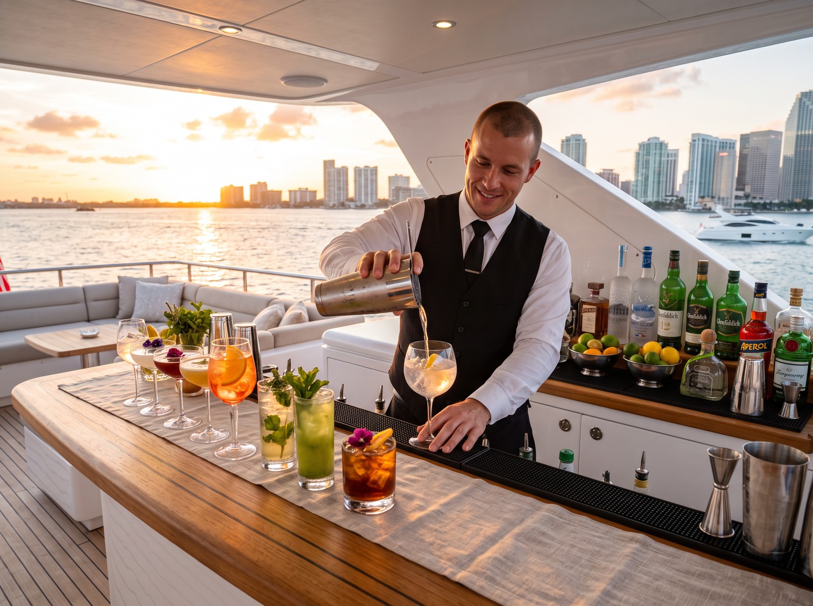Professional bartender service pouring cocktails on a yacht at sunset