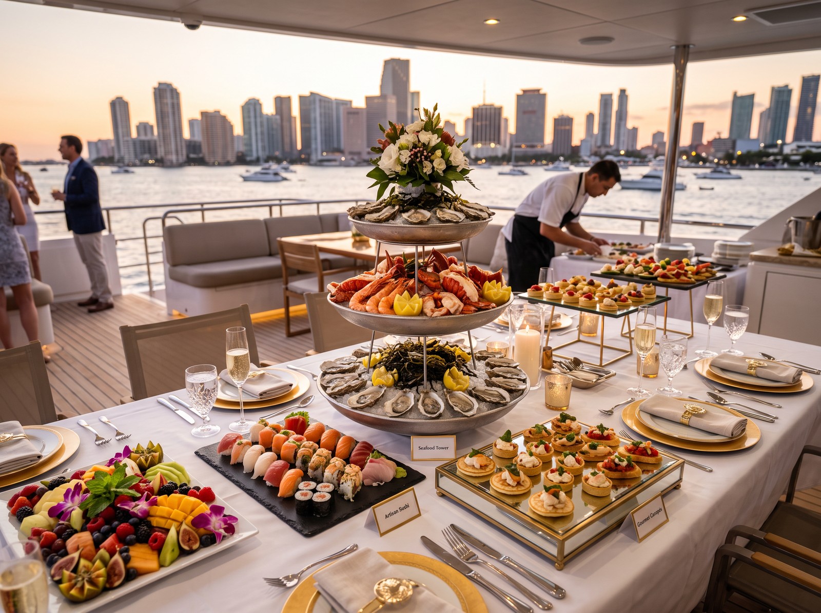 Yacht catering buffet with sushi, seafood tower and canapés on deck in Miami