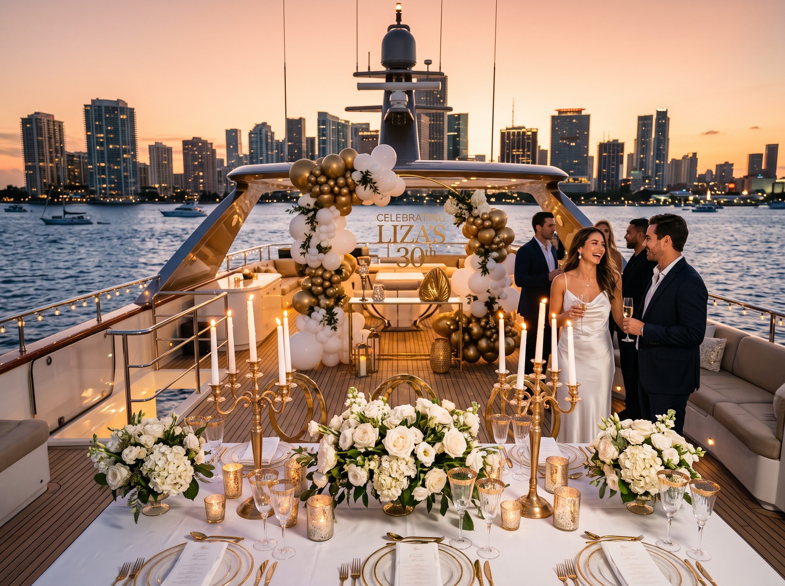 Luxury yacht decorations with gold and white balloons, roses and candles