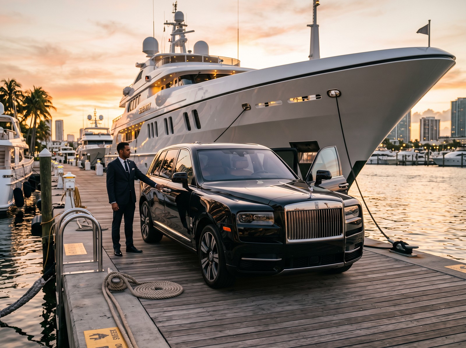 Luxury transportation – chauffeured Rolls-Royce at a Miami marina beside a superyacht