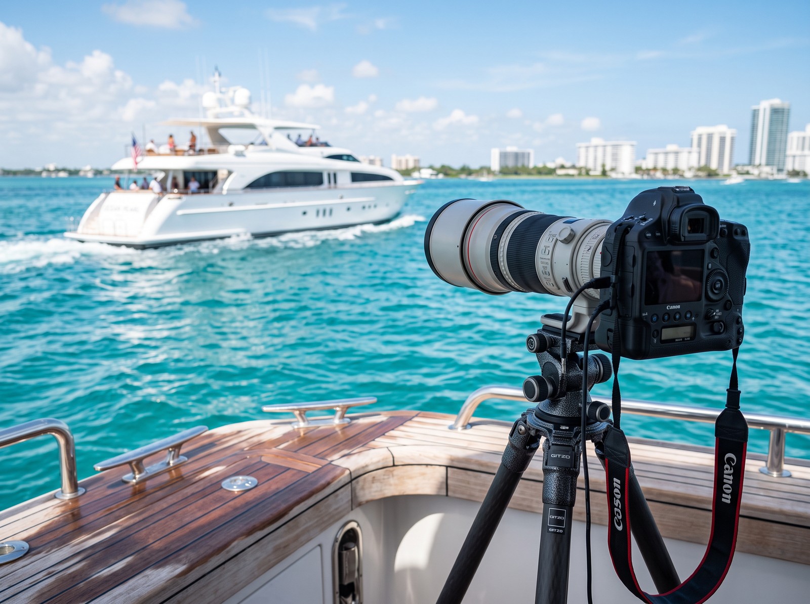 Professional yacht photography camera capturing a yacht on Miami water