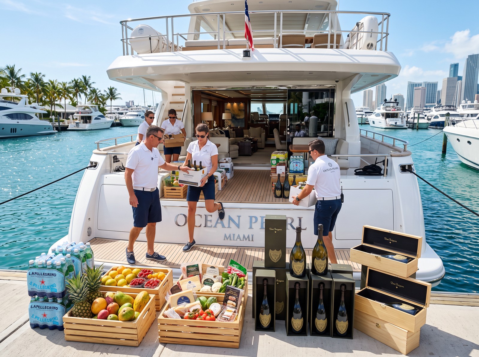 Yacht provisioning in Miami – fresh groceries, champagne and water loaded onto a luxury yacht