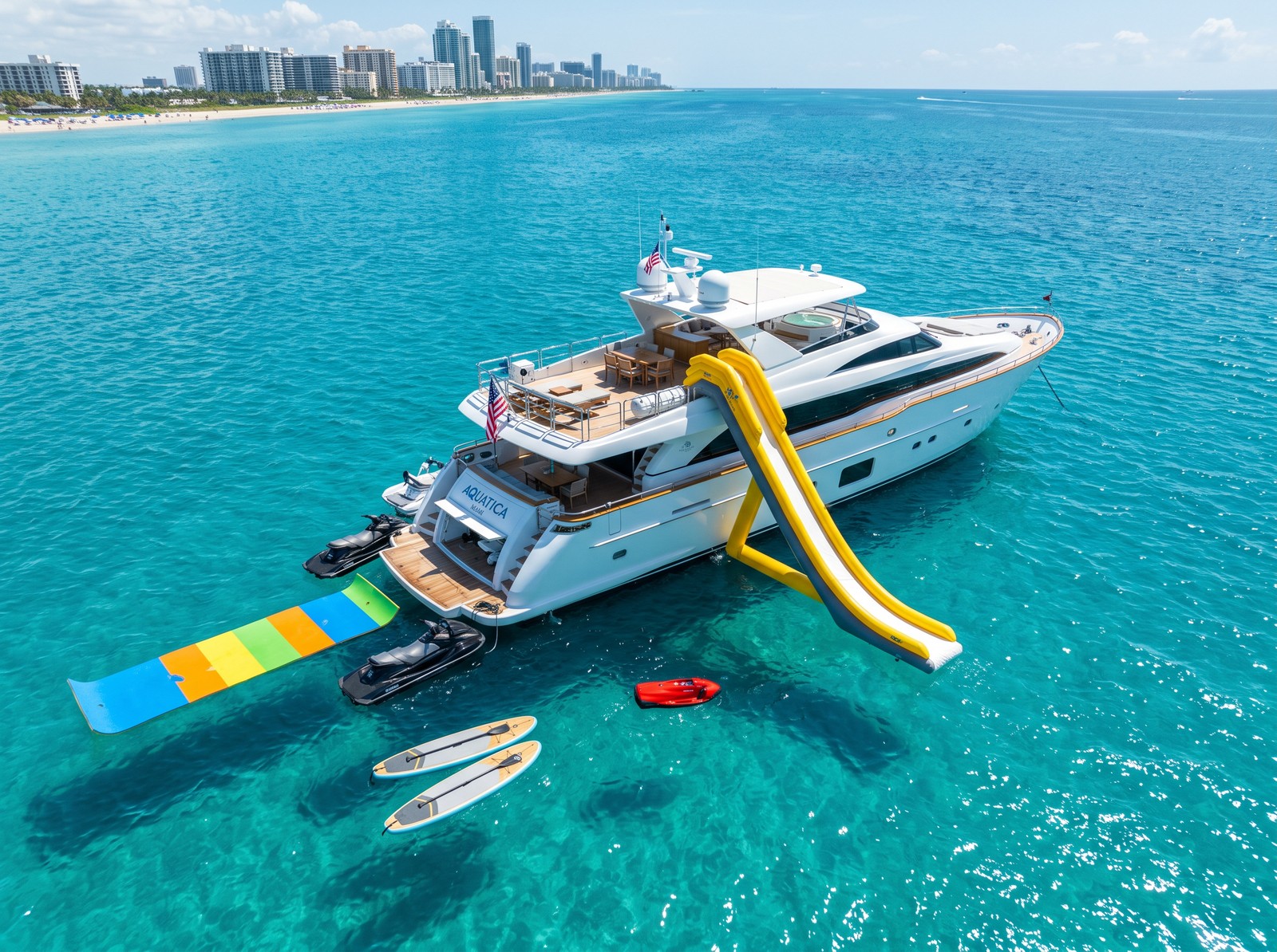 Yacht water toys in Miami – jet skis, inflatable slide, floating mat and paddleboards